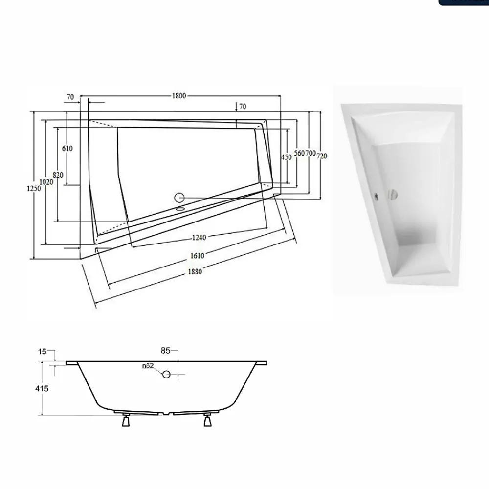Besco Baignoire asymétrique - 180 x 125 cm - Gauche - sans Habillage - avec Pieds - Vidage Chrome - INTIMA DUO SLIM