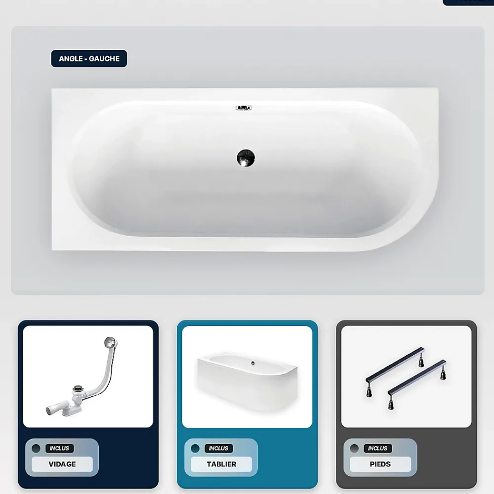Baignoire Asymétrique|Besco Baignoire asymétrique - 160 x 75 cm - Gauche - avec Tablier Blanc - Pieds - Vidage Chrome - AVITA