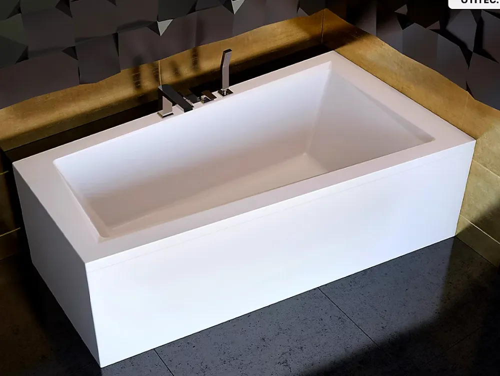 Baignoire Asymétrique|Besco Baignoire asymétrique - 160 x 90 cm - Droite - sans Habillage - avec Pieds - Repose-tête - Étagère bambou - Vidage Chrome - INTIMA