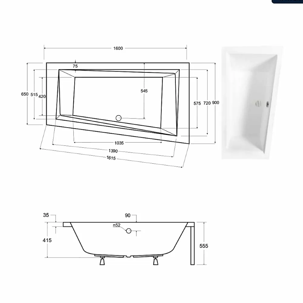 Baignoire Asymétrique|Besco Baignoire asymétrique - 160 x 90 cm - Droite - sans Habillage - avec Pieds - Repose-tête - Étagère bambou - Vidage Chrome - INTIMA