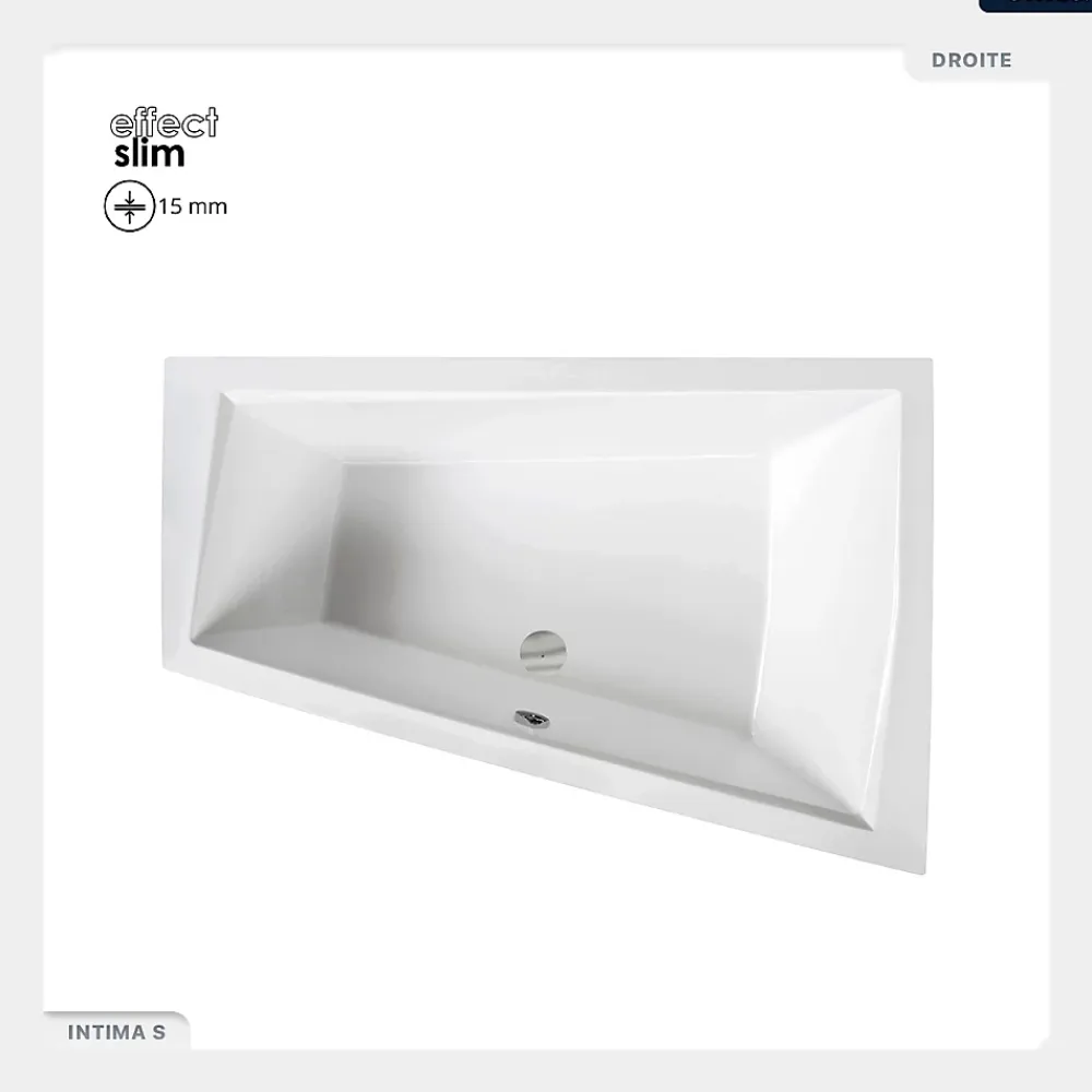 Besco Baignoire asymétrique - 180 x 125 cm - Droite - sans Habillage - avec Pieds - 2 Repose-têtes - Vidage Chrome - INTIMA SLIM