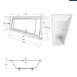 Besco Baignoire asymétrique - 180 x 125 cm - Droite - sans Habillage - avec Pieds - 2 Repose-têtes - Vidage Chrome - INTIMA SLIM