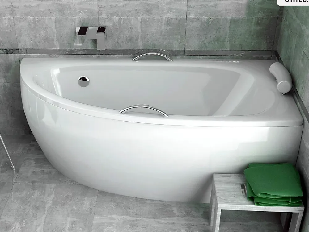 Besco Baignoire asymétrique - 150 x 70 cm - Droite - avec Tablier - Pieds - Poignées - Repose-tête - Vidage Chrome - MILENA PREMIUM