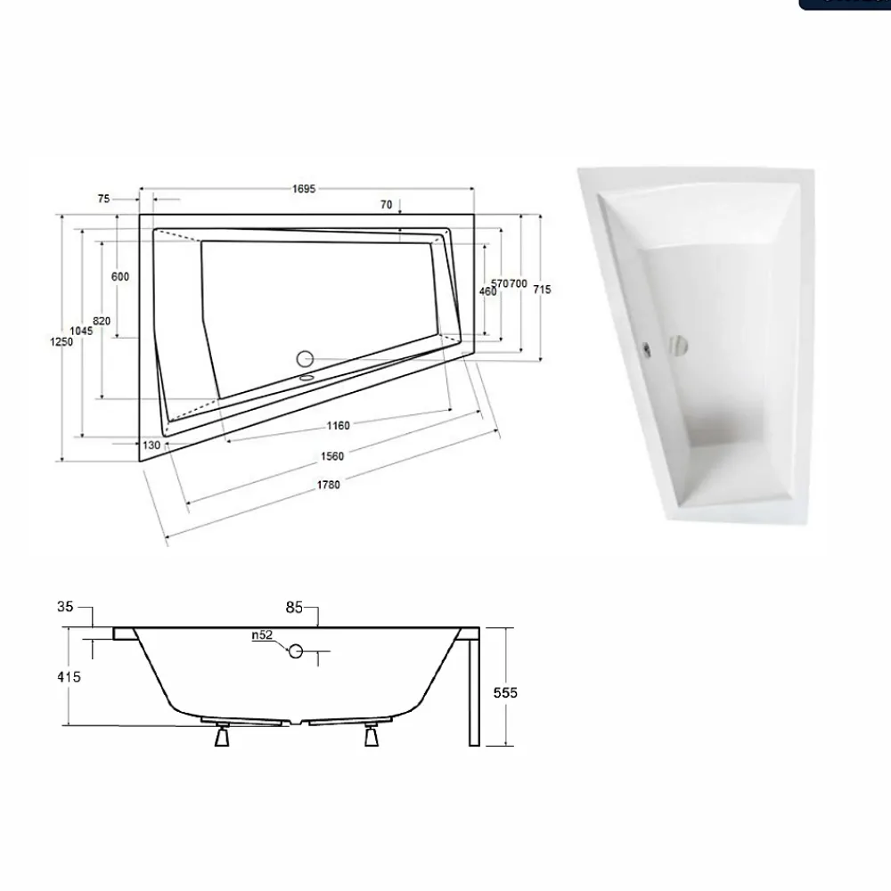 Besco Baignoire asymétrique - 170 x 125 cm - Gauche - avec Habillage - Pieds - Vidage Chrome - INTIMA DUO