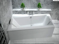 Besco Baignoire asymétrique - 150 x 90 cm - Gauche - avec Tablier Blanc - Pieds - Vidage Chrome - INFINITY