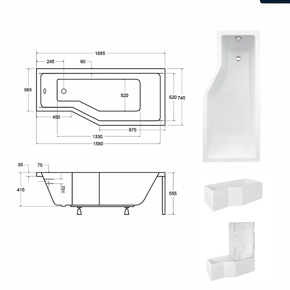 Baignoire Asymétrique|Besco Baignoire asymétrique - 170 x 75 cm - Droite - avec Habillage - Pieds - Vidage Chrome - INTEGRA