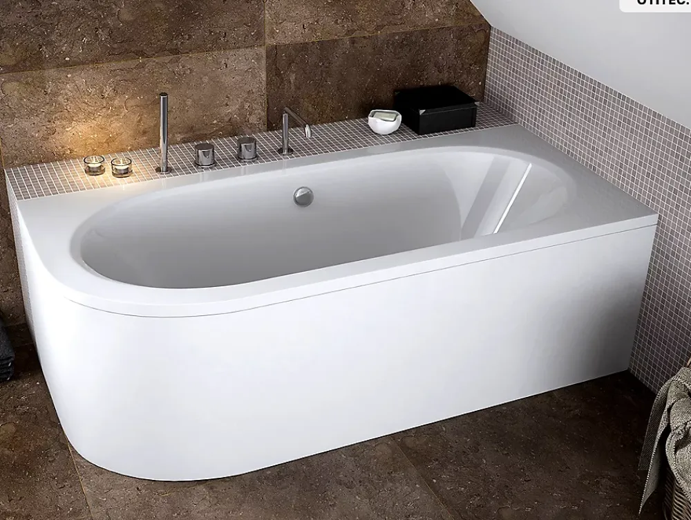 Baignoire Asymétrique|Besco Baignoire asymétrique - 170 x 75 cm - Droite - sans Habillage - avec Pieds - Étagère bambou - Vidage Chrome - AVITA