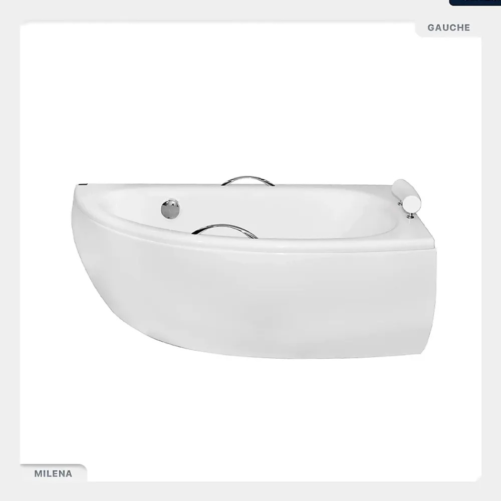 Baignoire Asymétrique|Besco Baignoire asymétrique - 150 x 70 cm - Droite - avec Pieds - Poignées - Repose-tête - Vidage Chrome - MILENA PREMIUM