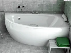 Baignoire Asymétrique|Besco Baignoire asymétrique - 150 x 70 cm - Droite - avec Pieds - Poignées - Repose-tête - Vidage Chrome - MILENA PREMIUM