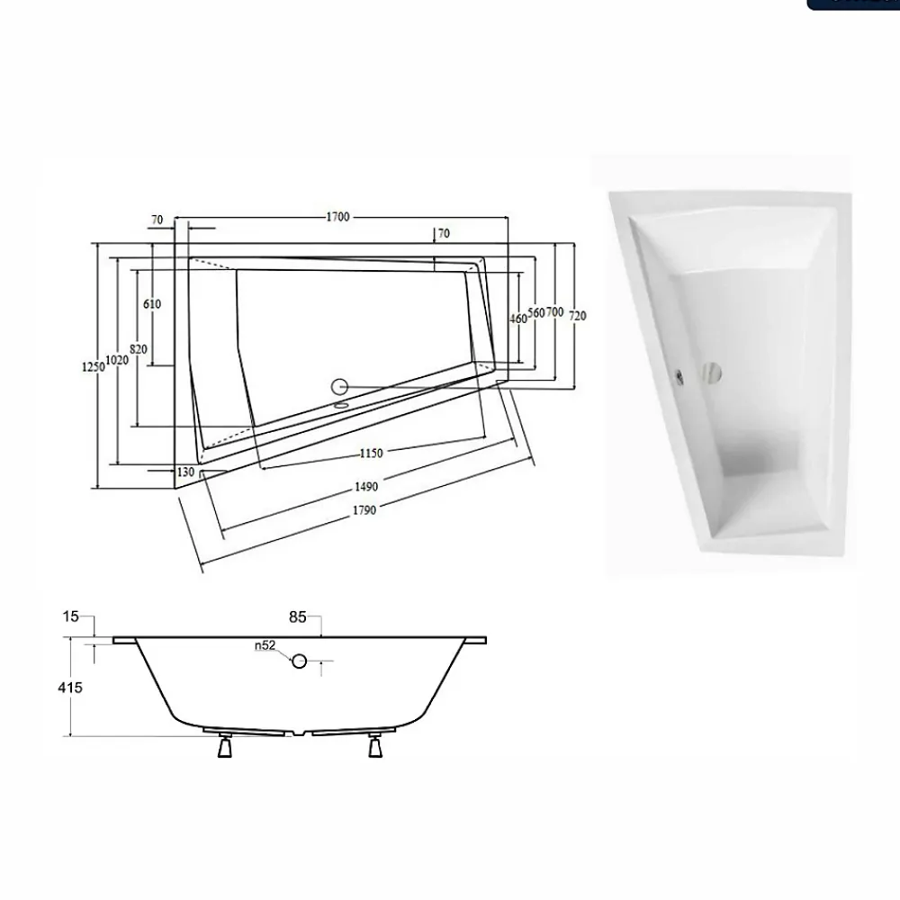 Baignoire Asymétrique|Besco Baignoire asymétrique - 170 x 125 cm - Gauche - sans Habillage - avec Pieds - Vidage Chrome - INTIMA DUO SLIM