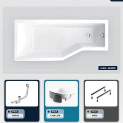 Baignoire Asymétrique|Besco Baignoire asymétrique - 150 x 75 cm - Gauche - avec Habillage - Pieds - Vidage Chrome - INTEGRA