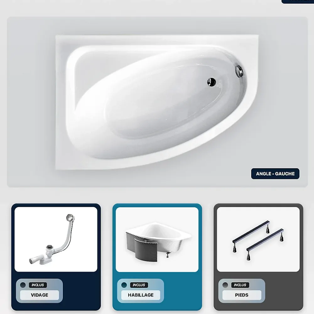Besco Baignoire asymétrique - 150 x 100 cm - Gauche - avec Habillage - Pieds - Vidage Chrome - CORNEA