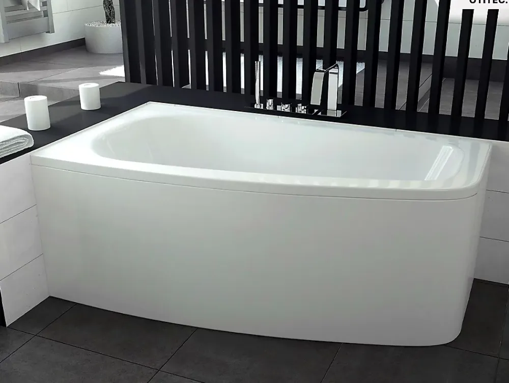 Baignoire Asymétrique|Besco Baignoire asymétrique - 150 x 80 cm - Gauche - avec Habillage - Pieds - Vidage Chrome - LUNA