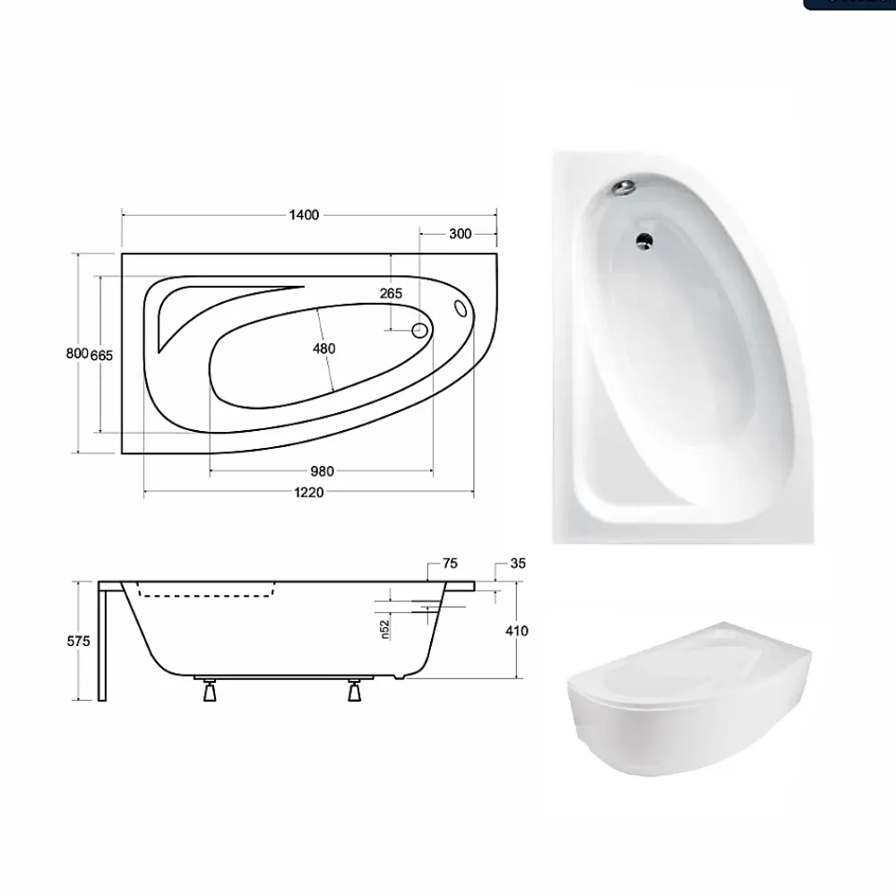 Baignoire Asymétrique|Besco Baignoire asymétrique - 140 x 80 cm - Gauche - avec Tablier Blanc - Pieds - Vidage Chrome - CORNEA