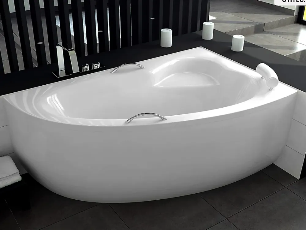 Baignoire Asymétrique|Besco Baignoire asymétrique - 150 x 100 cm - Droite - avec Tablier - Pieds - Vidage Chrome - NATALIA