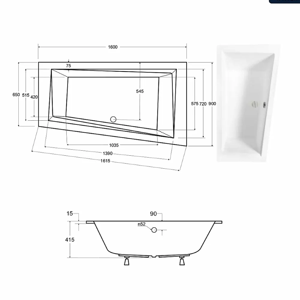Baignoire Asymétrique|Besco Baignoire asymétrique - 160 x 90 cm - Droite - avec Habillage - Pieds - Vidage Chrome - INTIMA SLIM
