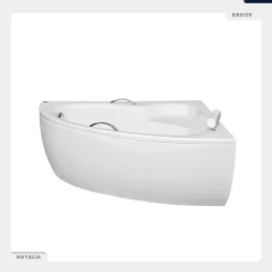 Besco Baignoire asymétrique - 150 x 100 cm - Droite - avec Tablier - Pieds - Poignées - Repose-tête - Vidage Chrome - NATALIA PREMIUM
