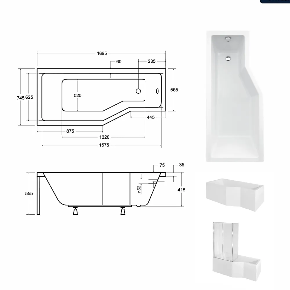 Baignoire Asymétrique|Besco Baignoire asymétrique - 170 x 75 cm - Gauche - avec Tablier - Pieds - Vidage Chrome - INTEGRA