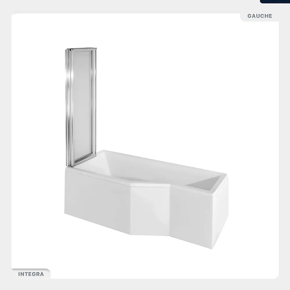 Baignoire Asymétrique|Besco Baignoire asymétrique - 170 x 75 cm - Gauche - avec Habillage - Pieds - Pare Baignoire 3 Volets - Vidage Chrome - INTEGRA
