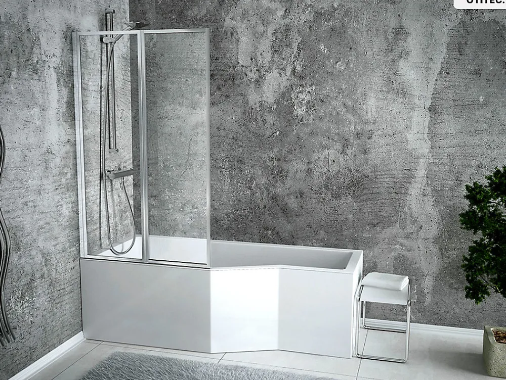 Baignoire Asymétrique|Besco Baignoire asymétrique - 170 x 75 cm - Gauche - avec Habillage - Pieds - Pare Baignoire 3 Volets - Vidage Chrome - INTEGRA