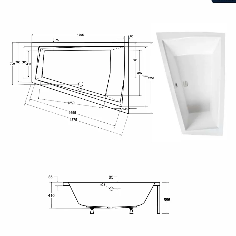 Besco Baignoire asymétrique - 180 x 125 cm - Gauche - avec Habillage - Pieds - Vidage Chrome - INTIMA DUO