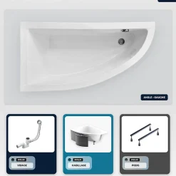 Baignoire Asymétrique|Besco Baignoire asymétrique - 140 x 70 cm - Gauche - avec Habillage - Pieds - Vidage Chrome - PRAKTIKA