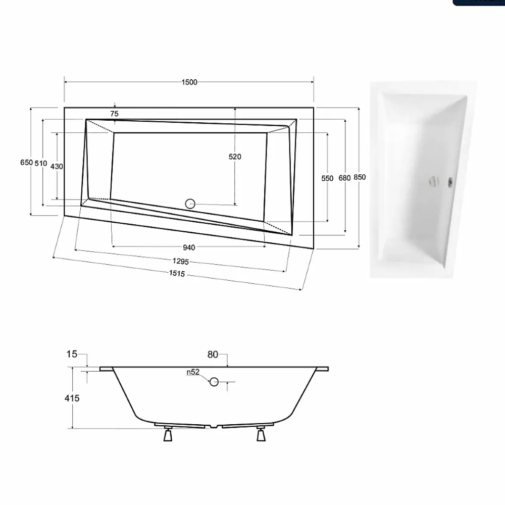 Baignoire Asymétrique|Besco Baignoire asymétrique - 150 x 85 cm - Droite - avec Habillage - Pieds - Vidage Chrome - INTIMA SLIM