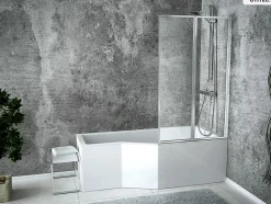 Baignoire Asymétrique|Besco Baignoire asymétrique - 150 x 75 cm - Droite - avec Tablier - Pieds - Vidage Chrome - INTEGRA