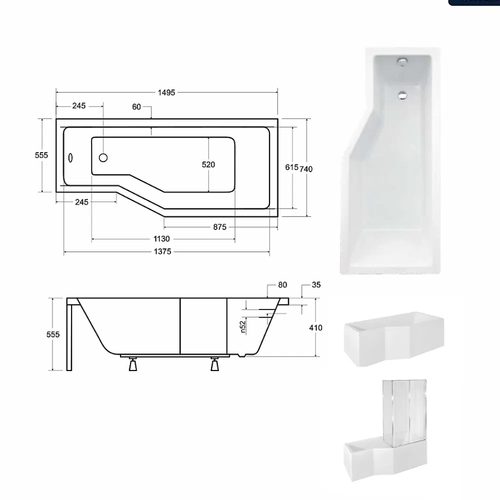 Baignoire Asymétrique|Besco Baignoire asymétrique - 150 x 75 cm - Droite - avec Tablier - Pieds - Vidage Chrome - INTEGRA