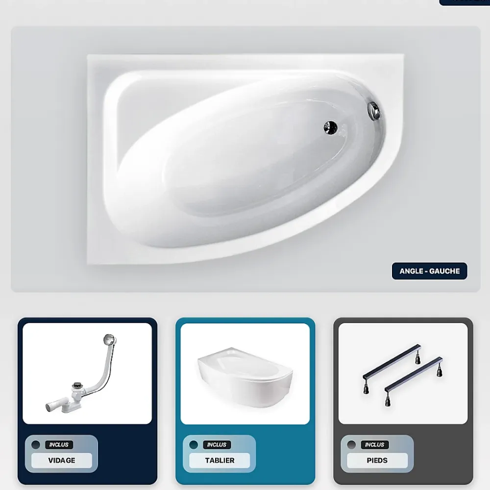 Baignoire Asymétrique|Besco Baignoire asymétrique - 150 x 100 cm - Gauche - avec Tablier Blanc - Pieds - Vidage Chrome - CORNEA