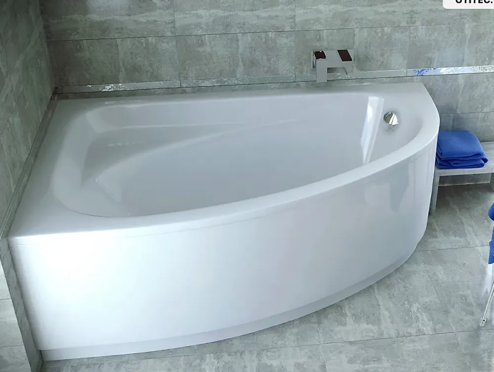 Baignoire Asymétrique|Besco Baignoire asymétrique - 150 x 100 cm - Gauche - avec Tablier Blanc - Pieds - Vidage Chrome - CORNEA
