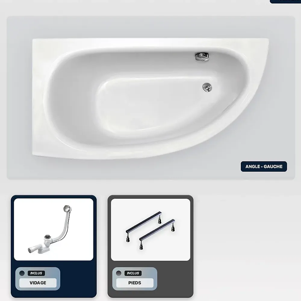 Baignoire Asymétrique|Besco Baignoire asymétrique - 150 x 70 cm - Gauche - sans Habillage - avec Pieds - Vidage Chrome - MILENA