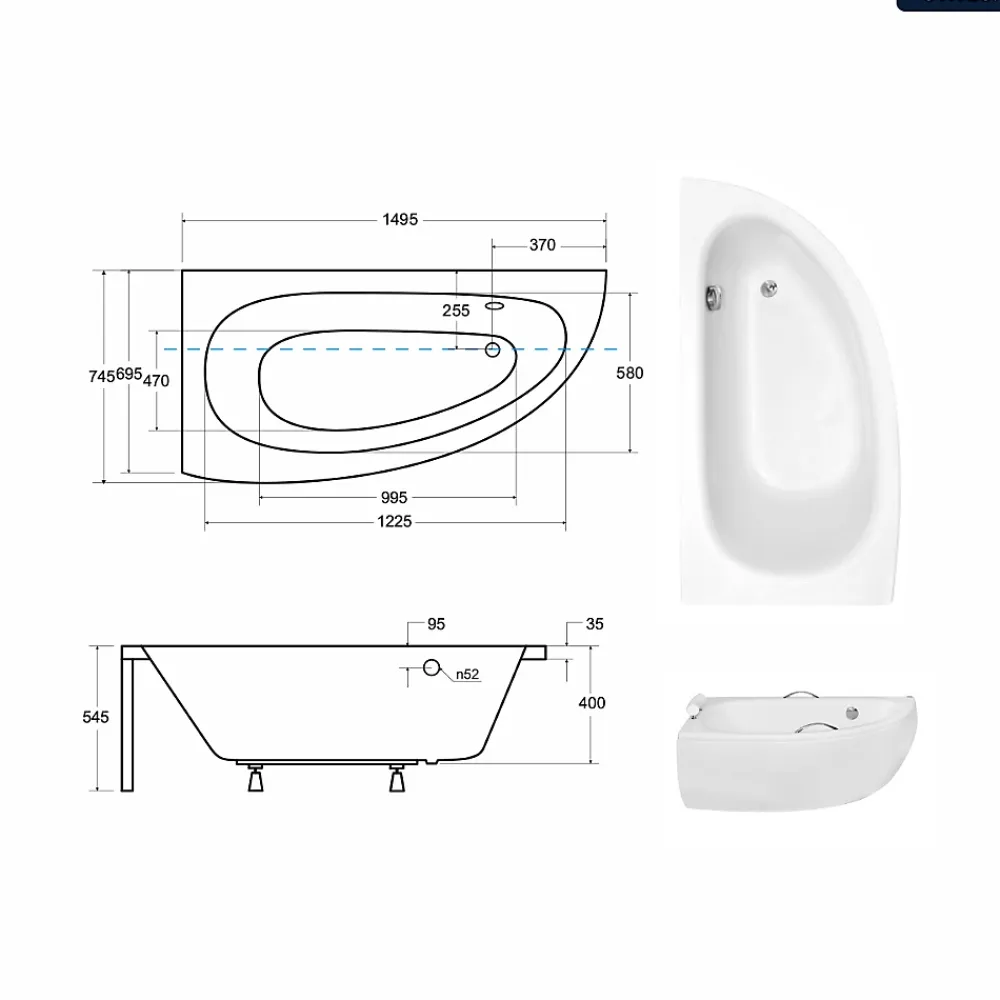 Baignoire Asymétrique|Besco Baignoire asymétrique - 150 x 70 cm - Gauche - sans Habillage - avec Pieds - Vidage Chrome - MILENA