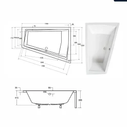 Besco Baignoire asymétrique - 170 x 125 cm - Droite - sans Habillage - avec Pieds - 2 Repose-têtes - Vidage Chrome - INTIMA DUO
