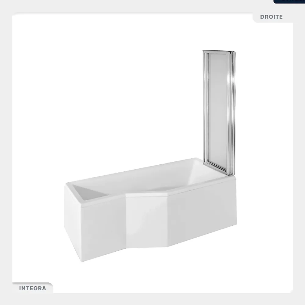 Besco Baignoire asymétrique - 150 x 75 cm - Droite - sans Habillage - avec Pieds - Pare Baignoire 3 Volets - Vidage Chrome - INTEGRA