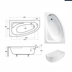 Baignoire Asymétrique|Besco Baignoire asymétrique - 150 x 100 cm - Gauche - sans Habillage - avec Pieds - Vidage Chrome - CORNEA