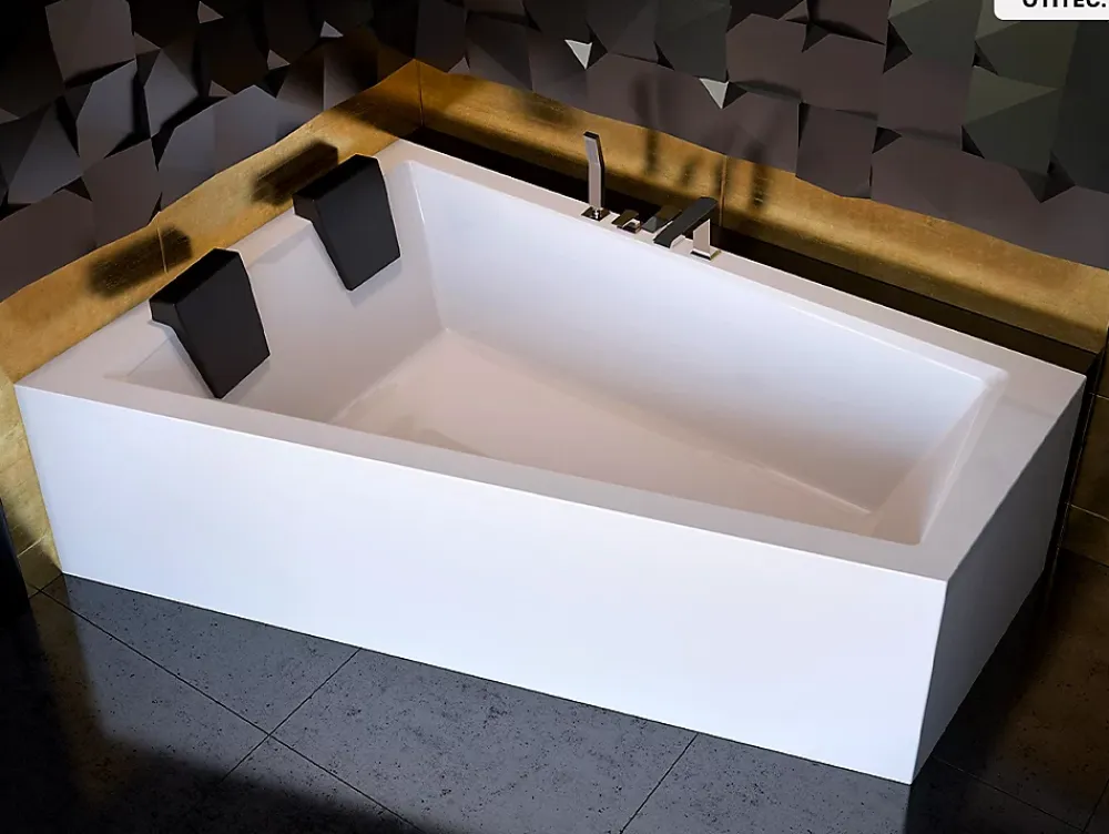 Baignoire Asymétrique|Besco Baignoire asymétrique - 170 x 125 cm - Gauche - sans Habillage - avec Pieds - Étagère bambou - Vidage Chrome - INTIMA DUO