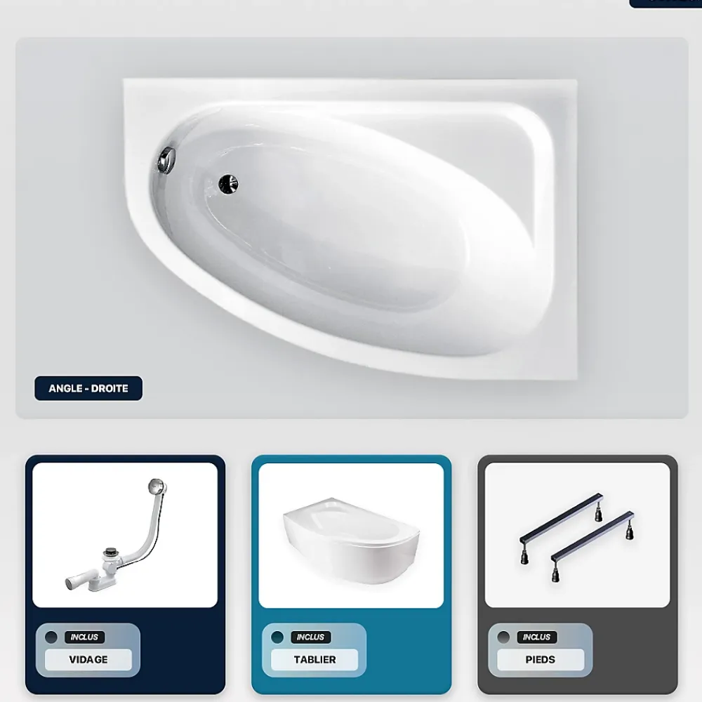 Besco Baignoire asymétrique - 150 x 100 cm - Droite - avec Tablier Blanc - Pieds - Vidage Chrome - CORNEA