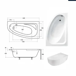Besco Baignoire asymétrique - 150 x 100 cm - Droite - avec Tablier Blanc - Pieds - Vidage Chrome - CORNEA