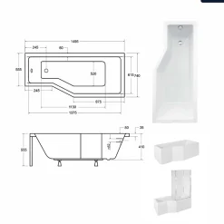 Baignoire Asymétrique|Besco Baignoire asymétrique - 150 x 75 cm - Droite - avec Habillage - Pieds - Pare Baignoire 3 Volets - Vidage Chrome - INTEGRA