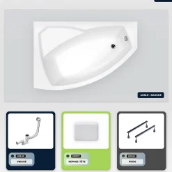 Baignoire Asymétrique|Besco Baignoire asymétrique - 130 x 85 cm - Gauche - sans Habillage - avec Pieds - Repose-tête - Vidage Chrome - RIMA