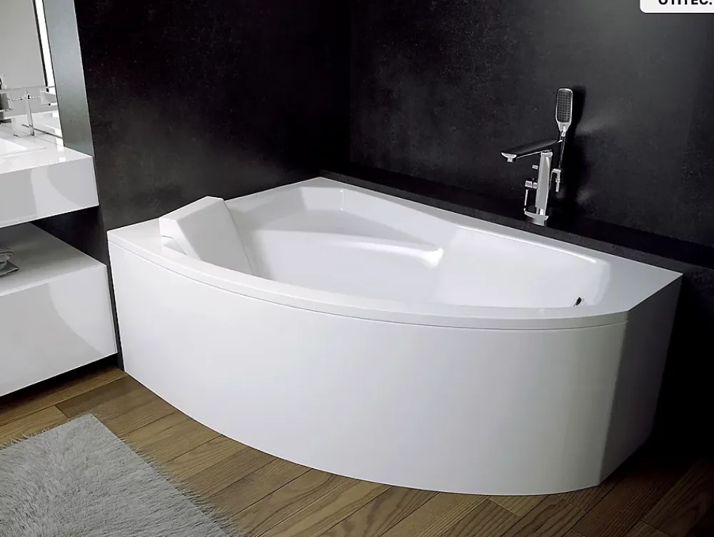 Baignoire Asymétrique|Besco Baignoire asymétrique - 130 x 85 cm - Gauche - sans Habillage - avec Pieds - Repose-tête - Vidage Chrome - RIMA