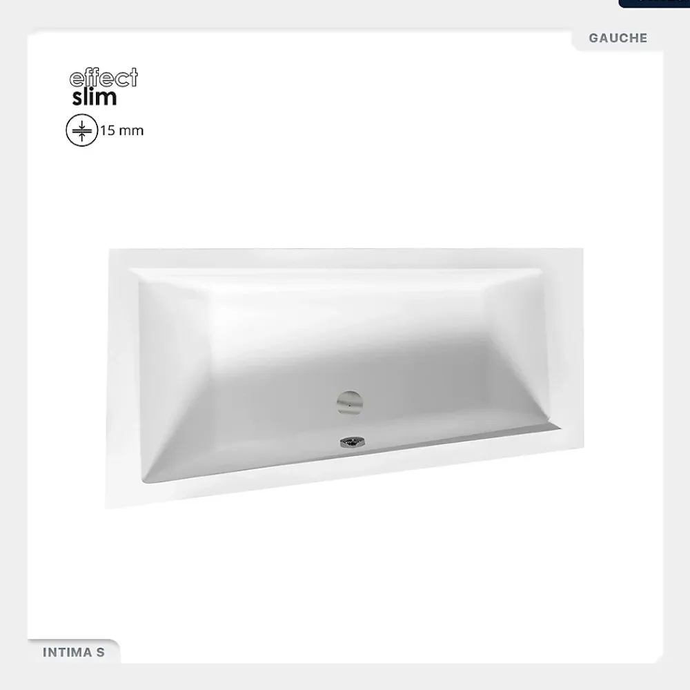 Baignoire Asymétrique|Besco Baignoire asymétrique - 150 x 85 cm - Gauche - sans Habillage - avec Pieds - Vidage Chrome - INTIMA SLIM