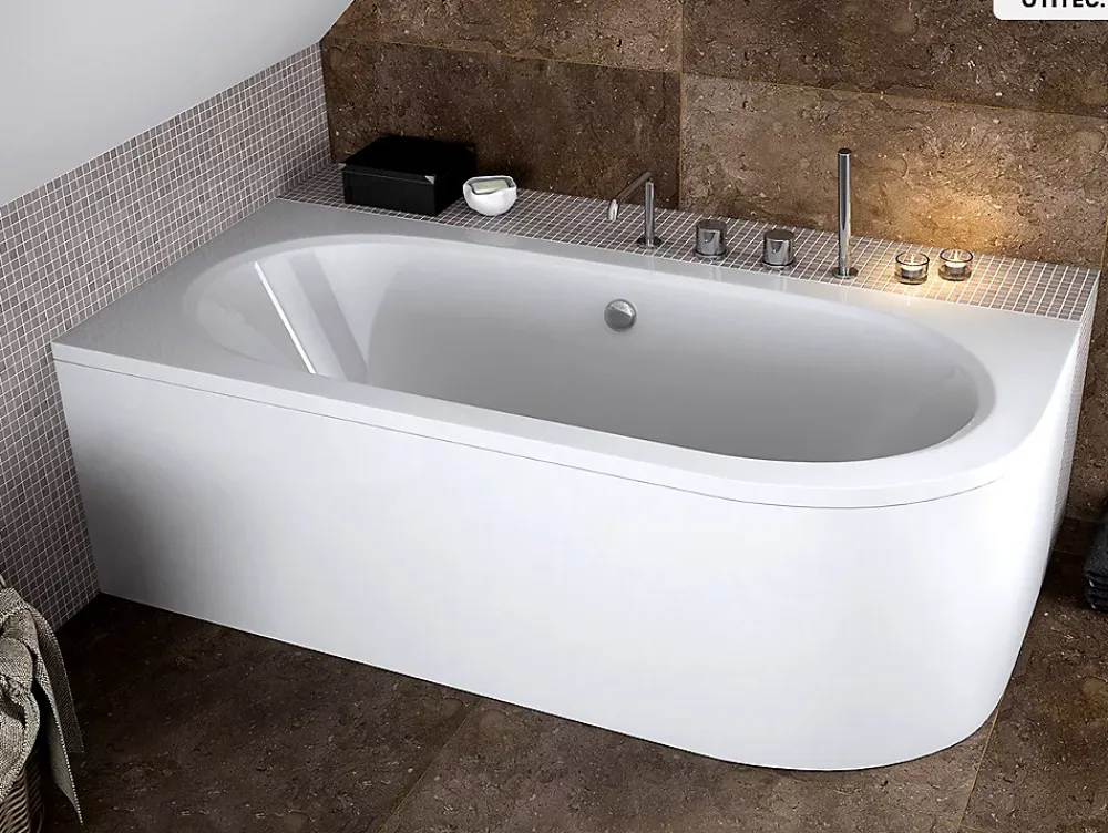 Besco Baignoire asymétrique - 180 x 80 cm - Gauche - sans Habillage - avec Pieds - Repose-tête - Étagère bambou - Vidage Chrome - AVITA