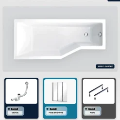 Besco Baignoire asymétrique - 150 x 75 cm - Gauche - sans Habillage - avec Pieds - Pare Baignoire 3 Volets - Vidage Chrome - INTEGRA