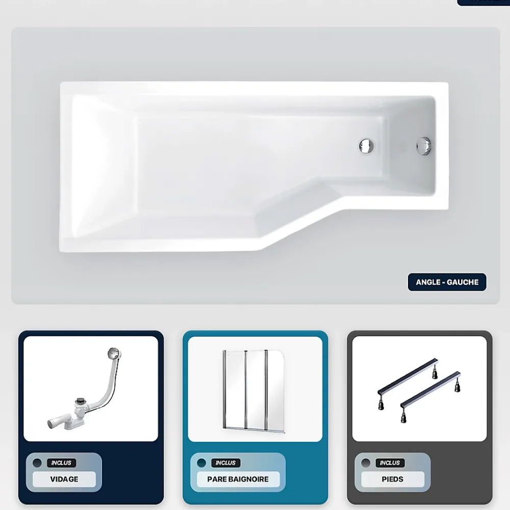 Besco Baignoire asymétrique - 150 x 75 cm - Gauche - sans Habillage - avec Pieds - Pare Baignoire 3 Volets - Vidage Chrome - INTEGRA