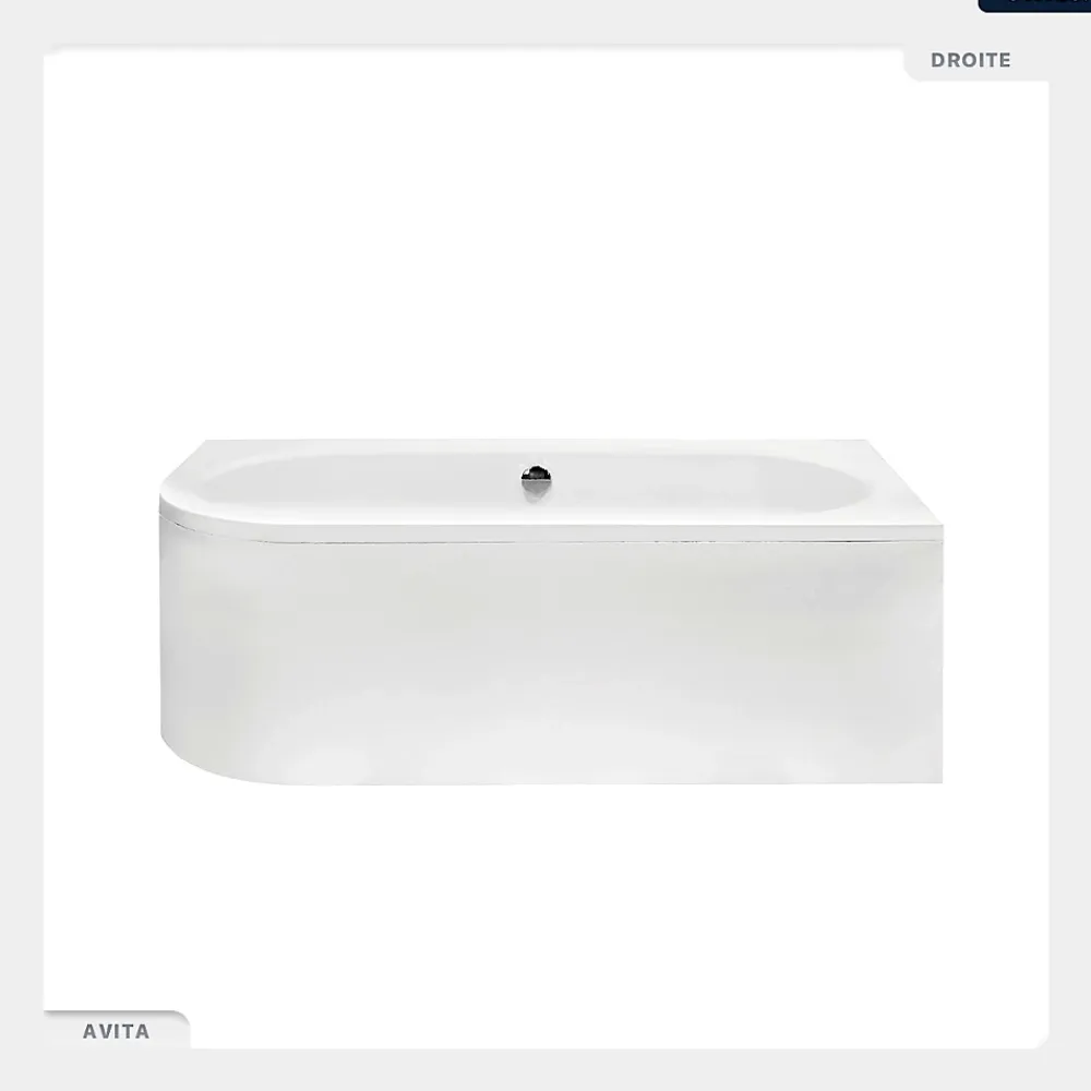Besco Baignoire asymétrique - 180 x 80 cm - Droite - sans Habillage - avec Pieds - Repose-tête - Étagère bambou - Vidage Chrome - AVITA