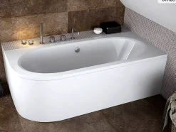 Besco Baignoire asymétrique - 180 x 80 cm - Droite - sans Habillage - avec Pieds - Repose-tête - Étagère bambou - Vidage Chrome - AVITA