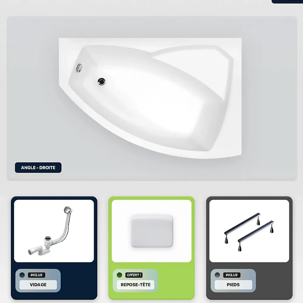Baignoire Asymétrique|Besco Baignoire asymétrique - 140 x 90 cm - Droite - sans Habillage - avec Pieds - Repose-tête - Vidage Chrome - RIMA