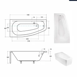 Baignoire Asymétrique|Besco Baignoire asymétrique - 150 x 80 cm - Gauche - sans Habillage - avec Pieds - Vidage Chrome - LUNA